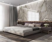white marble wall in master bedroom with gold lighting and grey platform bed.jpg from badroom