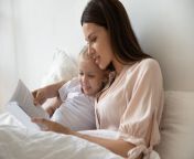head shot smiling young mommy lying bed under blanket little cute daughter reading fairytales morning small adorable 164263749.jpg from mommy bed