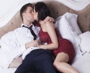 sexy elegant couple kissing bedroom young people hugging dress code red navy blue suit 106969931.jpg from hot bedroom red dress kiss
