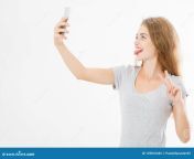cute woman t shirt make selfie front camera smartphone show thoung isolated white background blank copy space 129810445.jpg from nude selfie in front of mirror