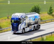 beautifully customized next generation scania milk tank truck of km kuljetus oy transports valio milk along freeway salo finland july 10 2020 2c75f6j.jpg from milk salo