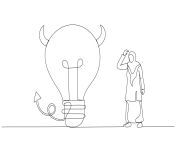 cartoon of muslim businesswoman looking at devil lightbulb doubting it bad idea stupid mistake or poor idea continuous line art vector.jpg from mistake devil