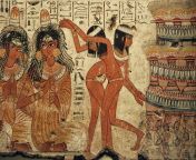 painting from the tomb of nebamun c 1350 bce shows women making music and other almost naked women dancing.jpg from ancient egypt anal