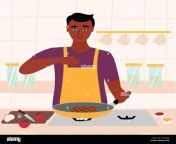 indian black man cooking in his kitchen male in a red shirt and green apron roasting a steak in a frying pan salt in hand cartoon vector 2d7xkgf.jpg from black cook indian