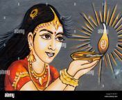 traditional indian painting of a indian woman holding an oil lamp bx101t.jpg from indian lades expos