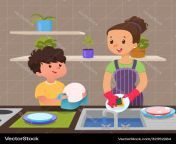 cute boy helps mom to wash dishes vector 32352284.jpg from helps mom